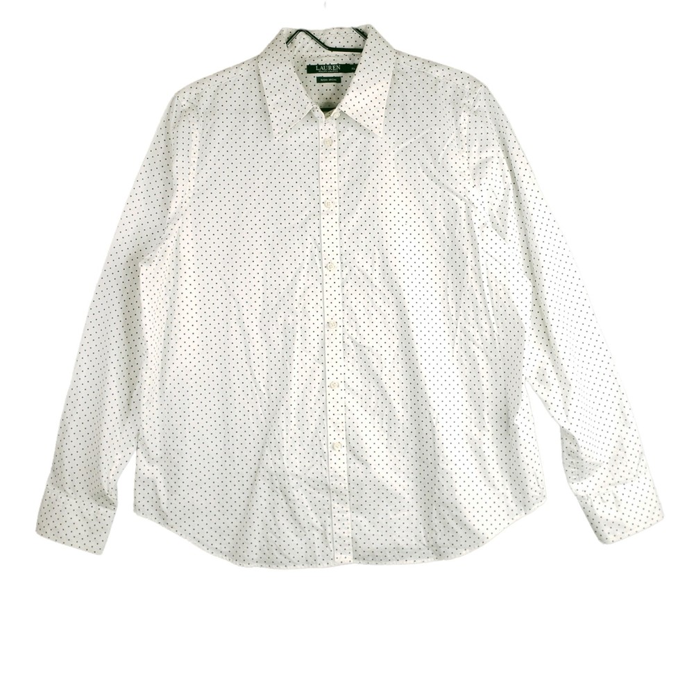 Lauren Ralph Lauren Button Up Top Womens XL White Black Dot Print Non Iron